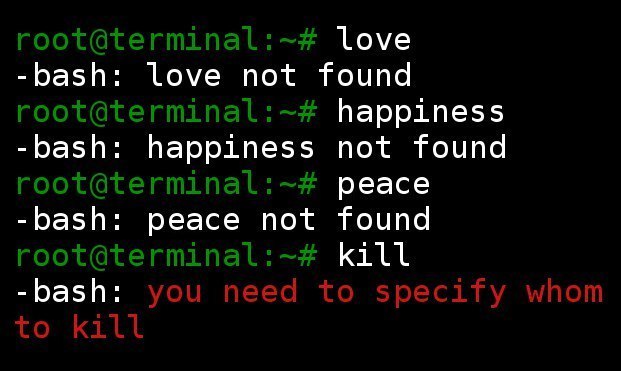 root@terminal:~# love
-bash: love not found
root@aterminal:~# happiness
-bash: happiness not found
root@terminalpeace
-bash: peace not found
root@aterminal: ~# kill
-bash: you need to specify whom to kill