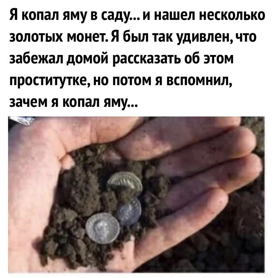 Я копал яму в саду... и нашел несколько золотых монет. Я был так удивлен, что забежал домой рассказать об этом пpocтитутке, но потом я вспомнил, зачем я копал яму...