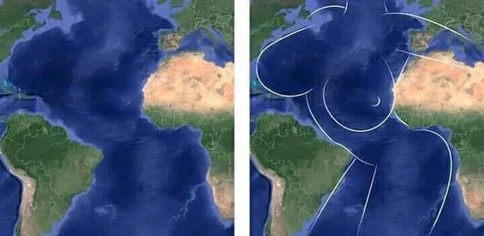 Фото Земли со спутников и силуэт обнажённого женского тела.