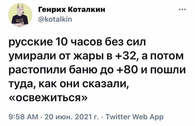 Русские 10 часов без сил умирали от жары в +32, а потом растопили баню до +80 и пошли туда, как они сказали, «освежиться».