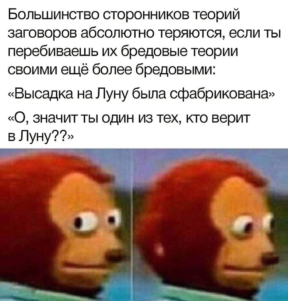 Большинство сторонников теорий заговоров абсолютно теряются, если ты перебиваешь их бредовые теории своими ещё более бредовыми:
«Высадка на Луну была сфабрикована».
«О, значит ты один из тех, кто верит в Луну??».