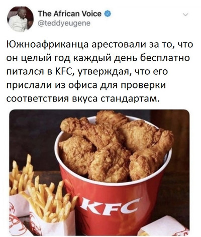 Южноафриканца арестовали за то, что он целый год каждый день бесплатно питался в KFC, утверждая, что его прислали из офиса для проверки соответствия вкуса стандартам.