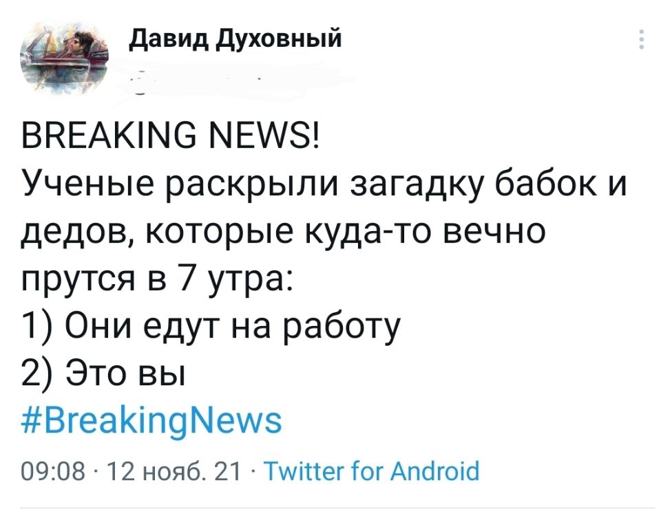BREAKING NEWS!
Ученые раскрыли загадку бабок и дедов, которые куда-то вечно прутся в 7 утра:
1) Они едут на работу;
2) Это вы.
