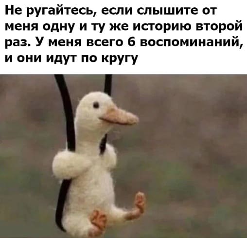 Не ругайтесь, если слышите от меня одну и ту же историю второй раз. У меня всего 6 воспоминаний, и они идут по кругу.