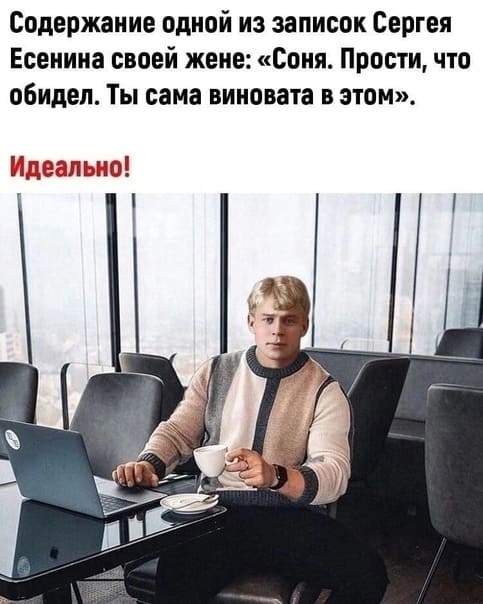 Содержание одной из записок Сергея Есенина своей жене: «Соня. Прости, что обидел. Ты сама виновата в этом».
Идеально!
