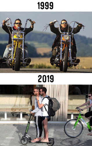 1999 — Мотоциклисты/байкеры.
2019 — самокатчики/электросамокатчики.