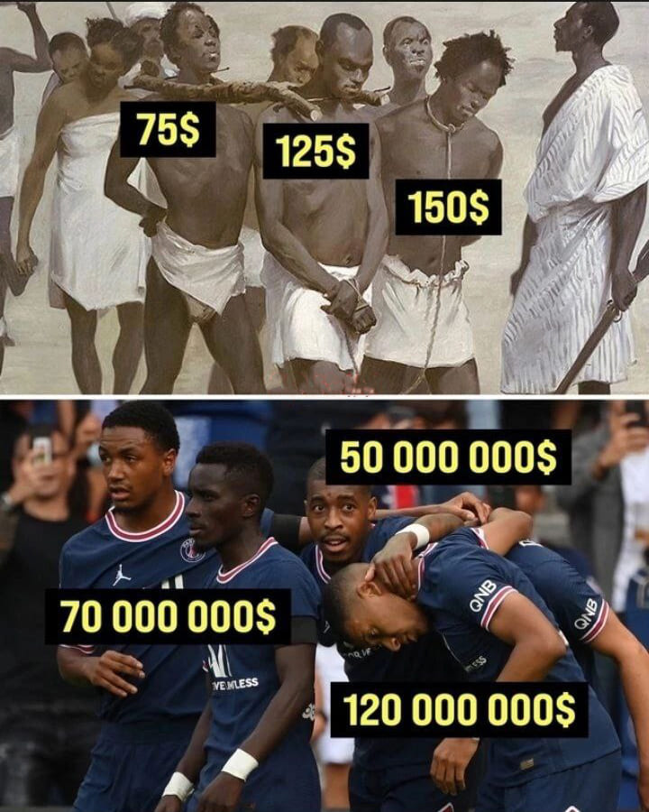 Стоимость негров-рабов тогда и стоимость негров-футболистов сейчас.
