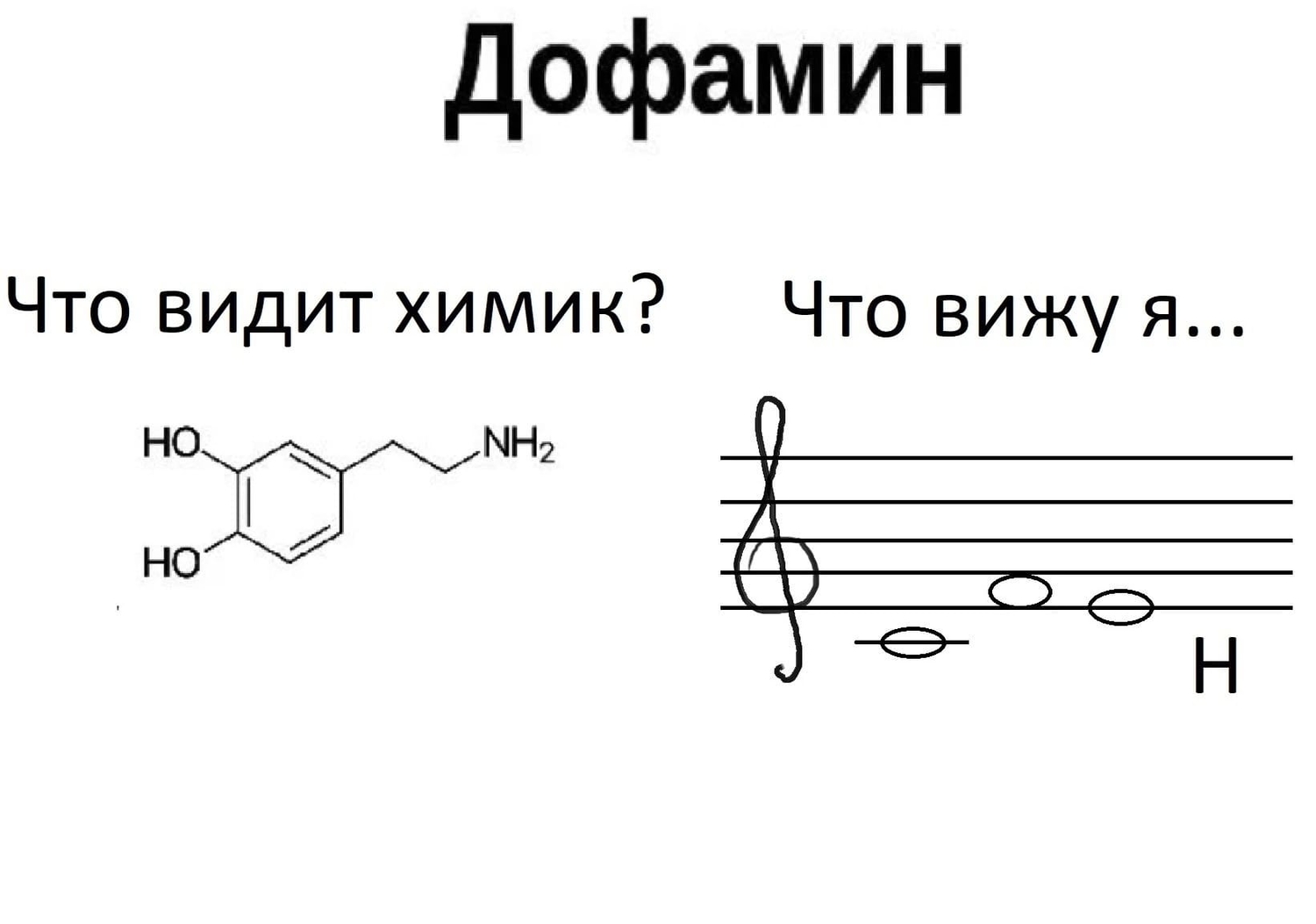 при слове «Дофамин»
Что видит химик? *Химическая формула*
Что вижу я... *Сольфеджио*
