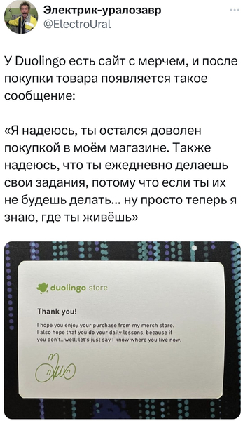 У Duolingo есть сайт с мерчем, и после покупки товара появляется такое сообщение:
«Я надеюсь, ты остался доволен покупкой в моём магазине. Также надеюсь, что ты ежедневно делаешь свои задания, потому что если ты их не будешь делать... ну просто теперь я знаю, где ты живёшь».