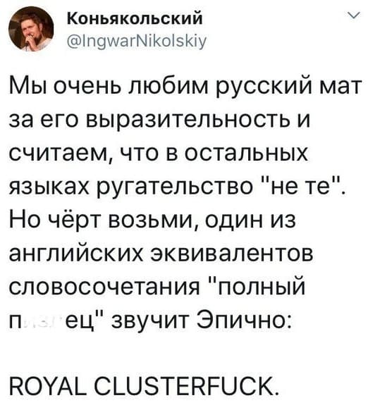Мы очень любим русский мат за его выразительность и считаем, что в остальных языках ругательство «не те». Но чёрт возьми, один из английских эквивалентов словосочетания «полный п***ец» звучит Эпично: ROYAL CLUSTERFUCK.