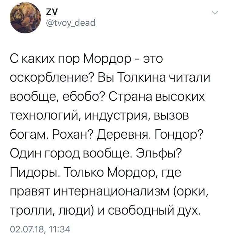 С каких пор Мордор — это оскорбление? Вы Толкина читали вообще, ебобо? Страна высоких технологий, индустрия, вызов богам. Рохан? Деревня. Гондор? Один город вообще. Эльфы? Пидоры. Только Мордор, где правят интернационализм (орки, тролли, люди) и свободный дух.