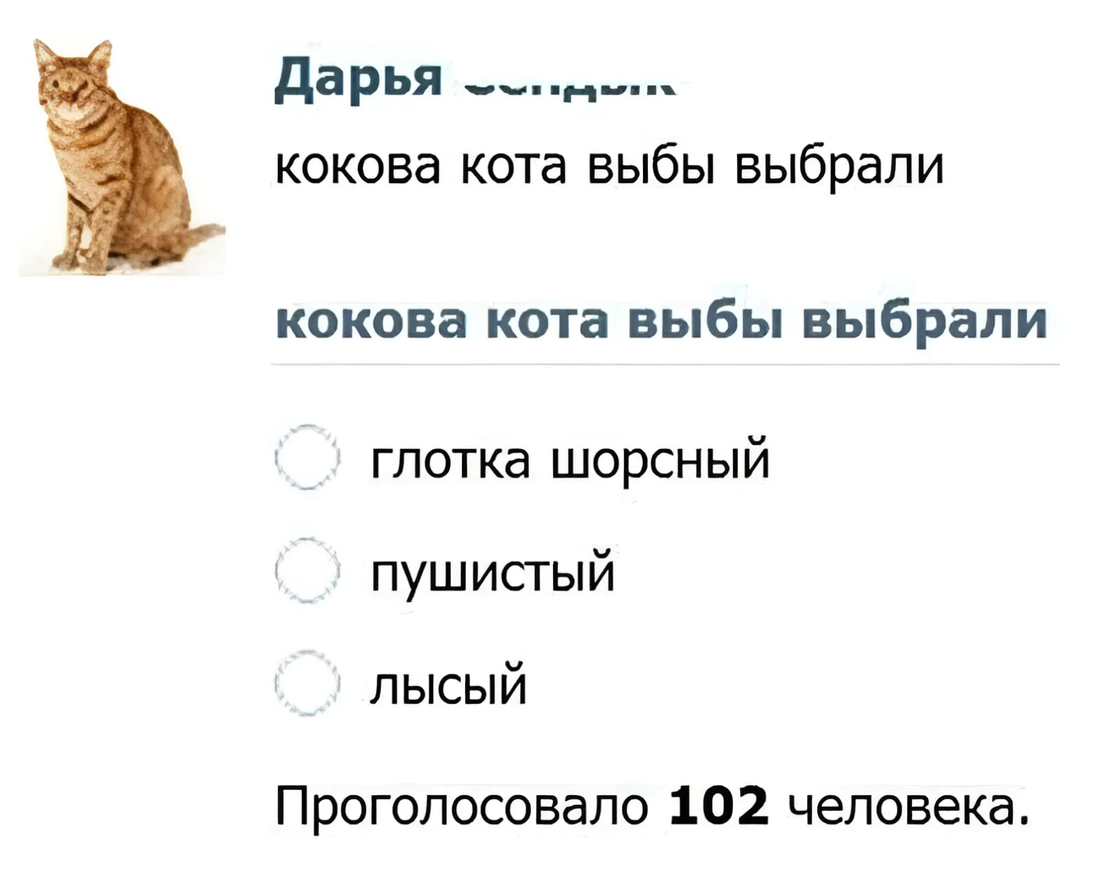 Кокова кота выбы выбрали?
Глотка шорсный;
Пушистый;
Лысый.