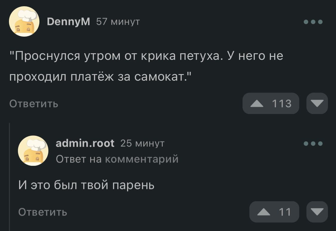 – Проснулся утром от крика петуха. У него не проходил платёж за самокат.
– И это был твой парень.