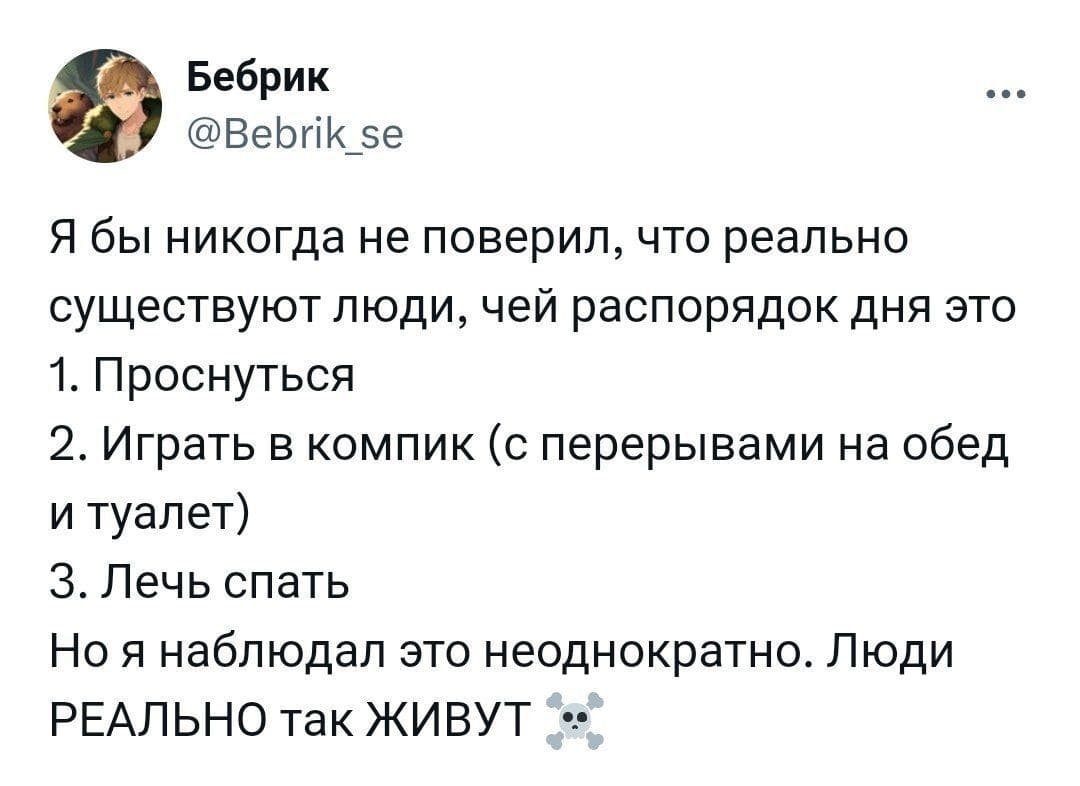 Я бы никогда не поверил, что реально существуют люди, чей распорядок дня это
1. Проснуться.
2. Играть в компик (с перерывами на обед и туалет).
3. Лечь спать.
Но я наблюдал это неоднократно. Люди РЕАЛЬНО так ЖИВУТ.