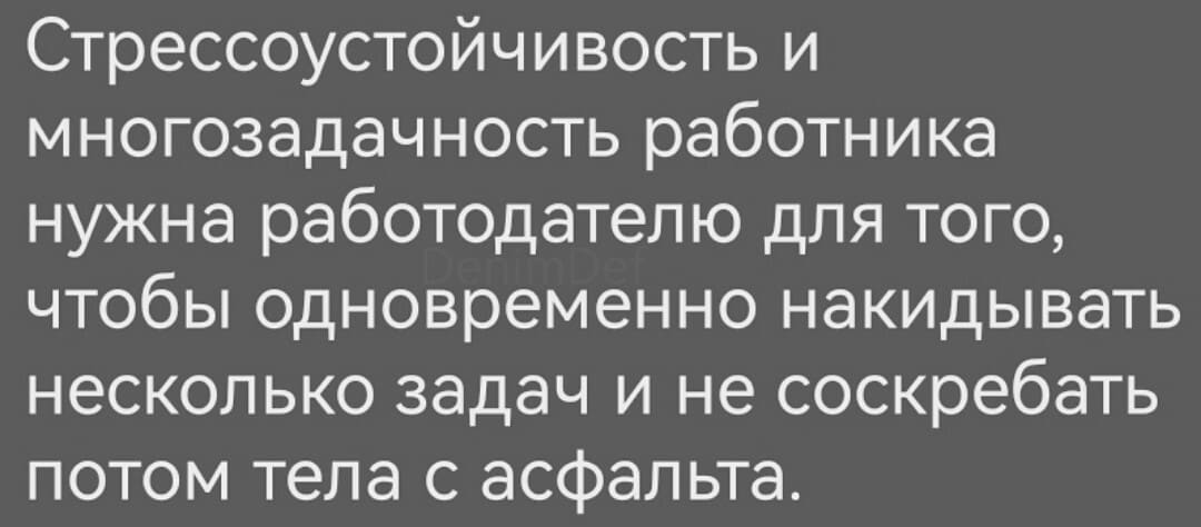 Стрессоустойчивость и многозадачность работника нужна работодателю для того, чтобы одновременно накидывать несколько задач и не соскребать потом тела с асфальта.