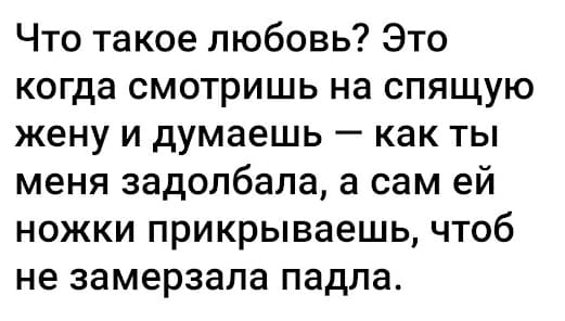 Что такое любовь? Это когда смотришь на спящую жену и думаешь — как ты меня задолбала, а сам ей ножки прикрываешь, чтоб не замерзала падла.