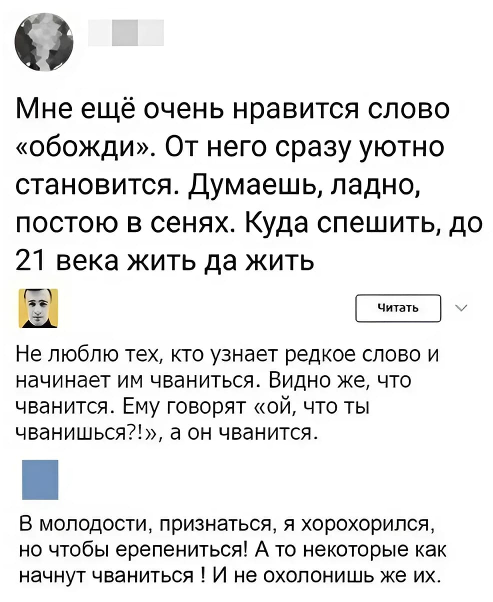 – Мне ещё очень нравится слово «обожди». От него сразу уютно становится. Думаешь, ладно, постою в сенях. Куда спешить, до 21 века жить да жить.
– Не люблю тех, кто узнает редкое слово и начинает им чваниться. Видно же, что чванится. Ему говорят «ой, что ты чванишься?!», а он чванится.
– В молодости, признаться, я хорохорился, но чтобы ерепениться! А то некоторые как начнут чваниться ! И не охолонишь же их.