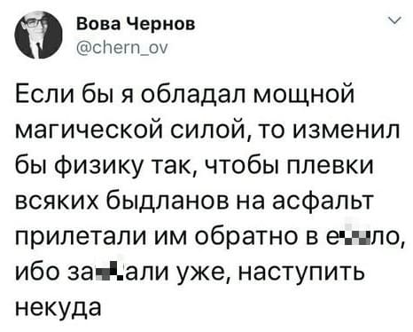 Если бы я обладал мощной магической силой, то изменил бы физику так, чтобы плевки всяких быдланов на асфальт прилетали им обратно в е6*ло, ибо за*6али уже, наступить некуда.