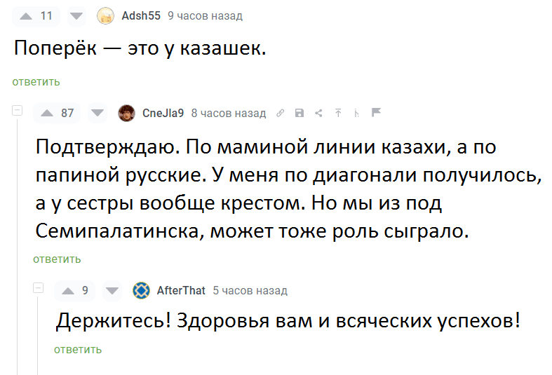 – Поперёк — это у казашек.
– Подтверждаю. По маминой линии казахи, а по папиной русские. У меня по диагонали получилось, а у сестры вообще крестом. Но мы из под Семипалатинска, может тоже роль сыграло.
– Держитесь! Здоровья вам и всяческих успехов!