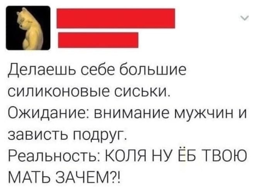 Делаешь себе большие силиконовые сиськи.
Ожидание: внимание мужчин и зависть подруг.
Реальность: КОЛЯ НУ ЁБ ТВОЮ МАТЬ ЗАЧЕМ?!