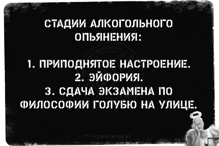 Стадии алкогольного опьянения:
1. Приподнятое настроение.
2. Эйфория.
3. Сдача экзамена по философии голубю на улице.