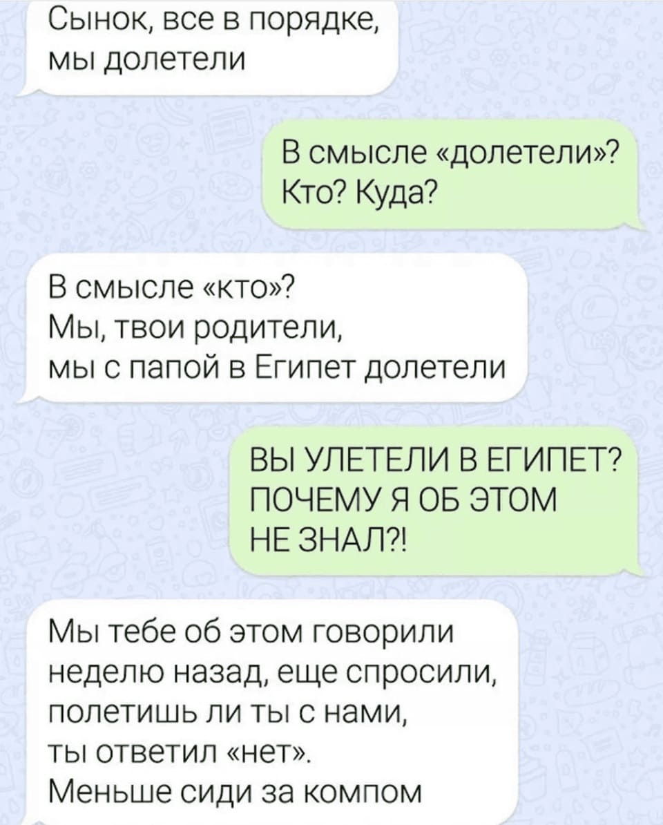 – Сынок, все в порядке, мы долетели.
– В смысле «долетели»? Кто? Куда?
– В смысле «кто»? Мы, твои родители, мы с папой в Египет долетели.
– ВЫ УЛЕТЕЛИ В ЕГИПЕТ? ПОЧЕМУ Я ОБ ЭТОМ НЕ ЗНАЛ?!
– Мы тебе об этом говорили неделю назад, еще спросили, полетишь ли ты с нами, ты ответил «нет». Меньше сиди за компом.