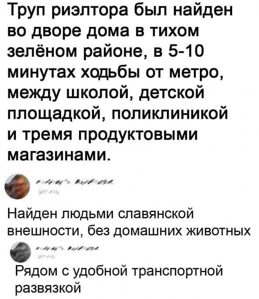 Труп риэлтора был найден во дворе дома в тихом зелёном районе, в 5-10 минутах ходьбы от метро, между школой, детской площадкой, поликлиникой и тремя продуктовыми магазинами.
Найден людьми славянской внешности, без домашних животных.
Рядом с удобной транспортной развязкой.