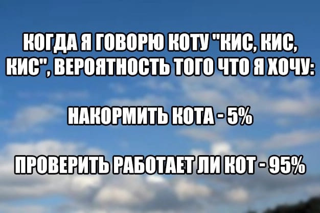 Когда я говорю коту «Кис-кис-кис», вероятность того, что я хочу:
Накормить кота 5%
Проверить работает ли кот: 95%