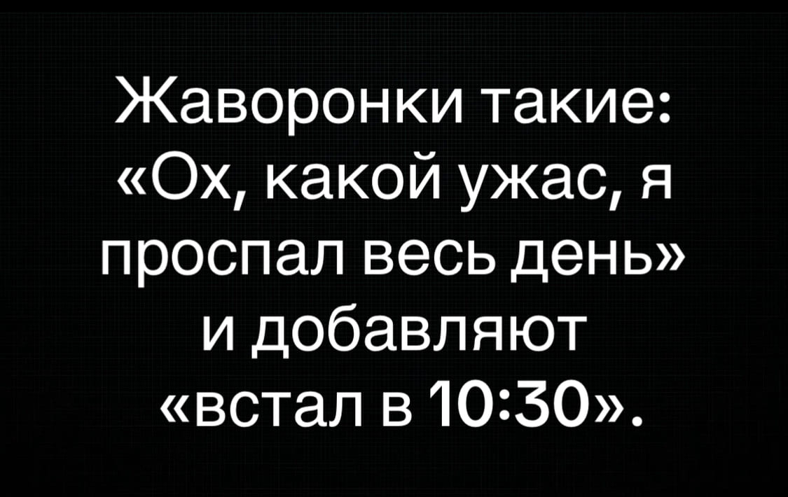 Жаворонки такие: «Ох, какой ужас, я проспал весь день» и добавляют «встал в 10:30».