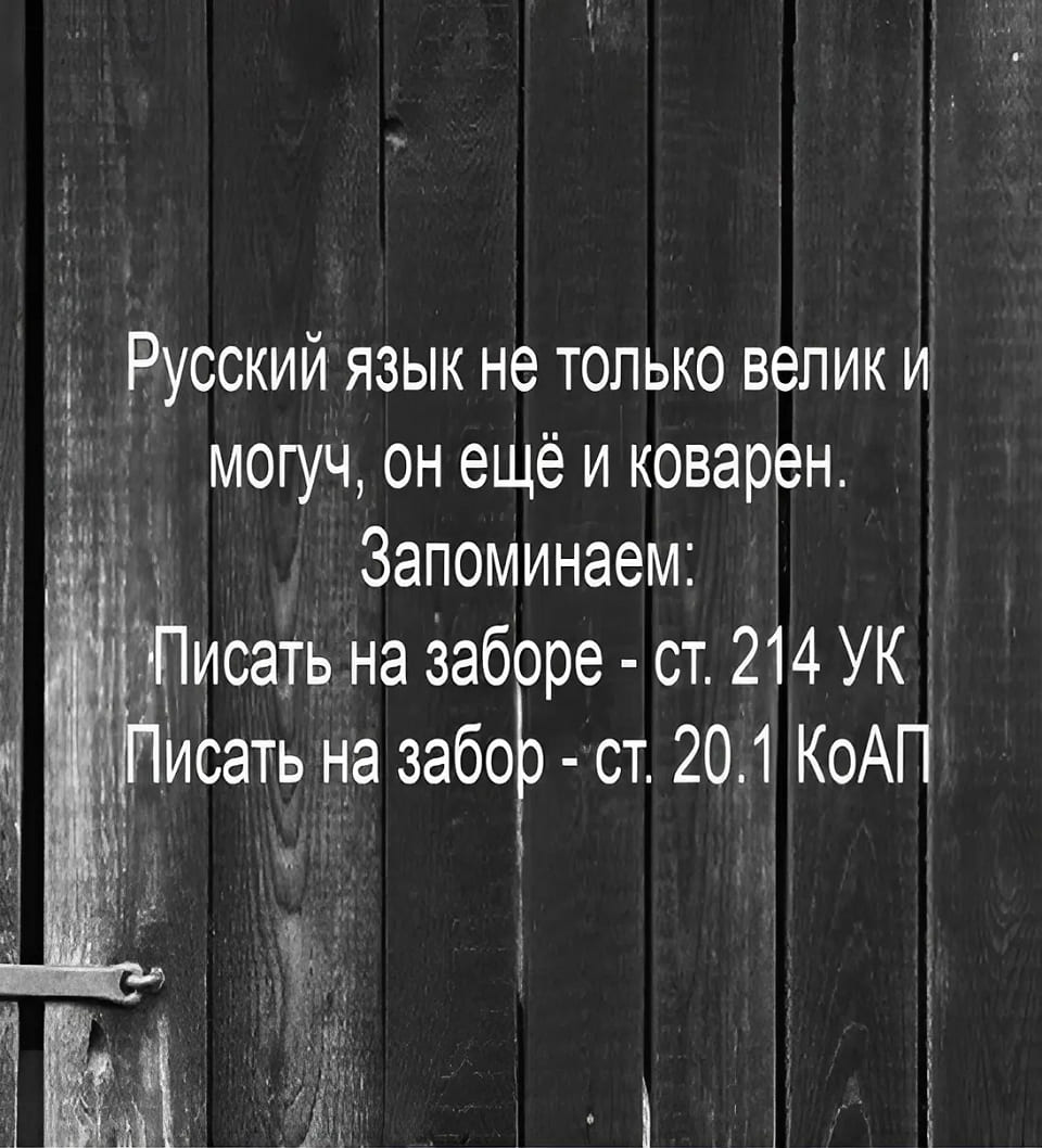 Русский язык не только велик и могуч, он ещё и коварен.
Запоминаем:
— Писать на заборе – ст. 214 УК РФ;
— Писать на забор – ст. 20.1 КоАП.