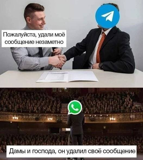 Удаление сообщений в Telegram:
*Пожалуйста, удали моё сообщение незаметно*
Удаление сообщений в WhatsApp:
*Дамы и господа, он удалил своё сообщение!*