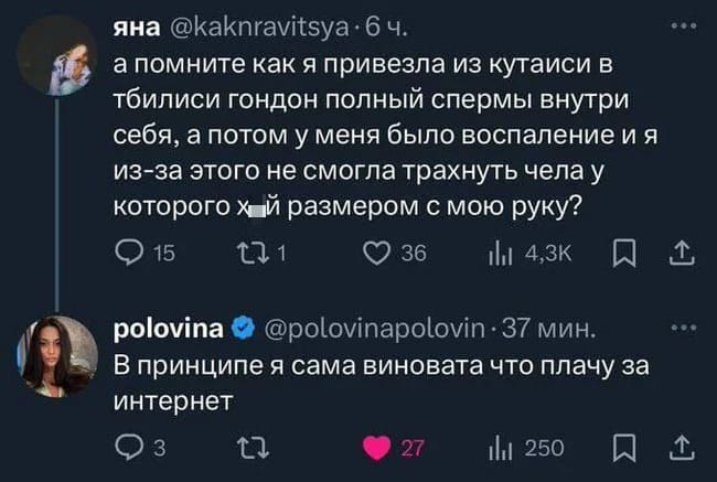 – А помните как я привезла из Кутаиси в Тбилиси гондон полный спермы внутри себя, а потом у меня было воспаление и я из-за этого не смогла трахнуть чела у которого х*й размером с мою руку?
– В принципе я сама виновата что плачу за интернет...