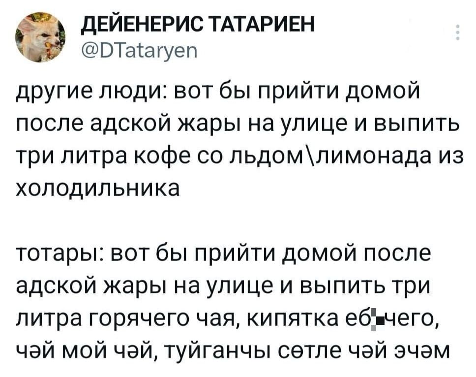 Другие люди: вот бы прийти домой после адской жары на улице и выпить три литра кофе со льдом\лимонада из холодильника.
Татары: вот бы прийти домой после адской жары на улице и выпить три литра горячего чая, кипятка е6*чего, чай мой чай, туйганчы сетле чай эчэм.