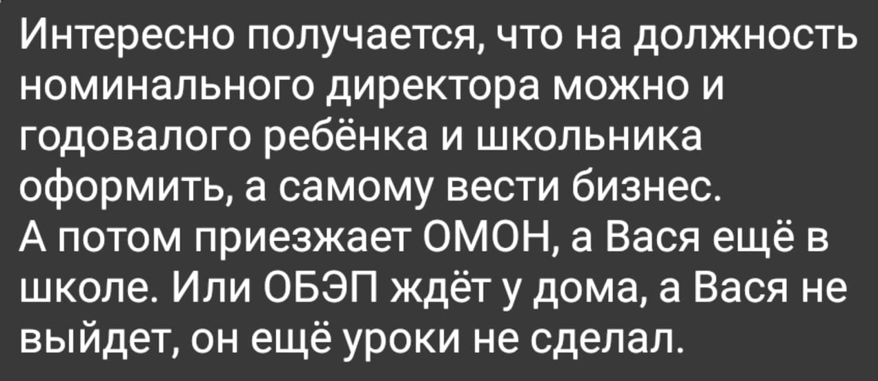Интересно получается, что на должность номинального директора можно и годовалого ребёнка и школьника оформить, а самому вести бизнес.
А потом приезжает ОМОН, а Вася ещё в школе. Или ОБЭП ждёт у дома, а Вася не выйдет, он ещё уроки не сделал.