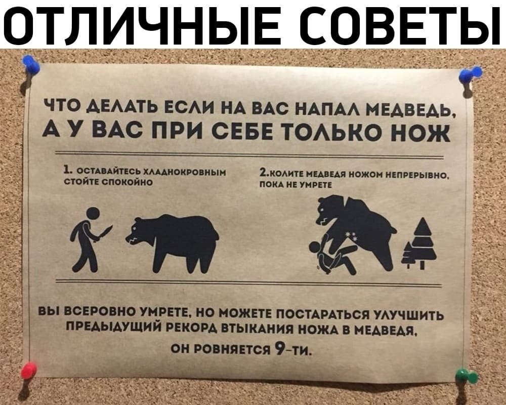 *ЧТО ДЕЛАТЬ ЕСЛИ НА ВАС НАПАЛ МЕДВЕДЬ, А У ВАС ПРИ СЕБЕ ТОЛЬКО НОЖ*
1. ОСТАВАЙТЕСЬ ХЛАДНОКРОВНЫМ СТОЙТЕ СПОКОЙНО;
2. КОЛИТЕ МЕДВЕДЯ НОЖОМ НЕПРЕРЫВНО, ПОКА НЕ УМРЁТЕ;
ВЫ ВСЕ РОВНО УМРЁТЕ, НО МОЖЕТЕ ПОСТАРАТЬСЯ УЛУЧШИТЬ ПРЕДЫДУЩИЙ РЕКОРД ВТЫКАНИЯ НОЖА В МЕДВЕДЯ, ОН РОВНЯЕТСЯ 9-ти.