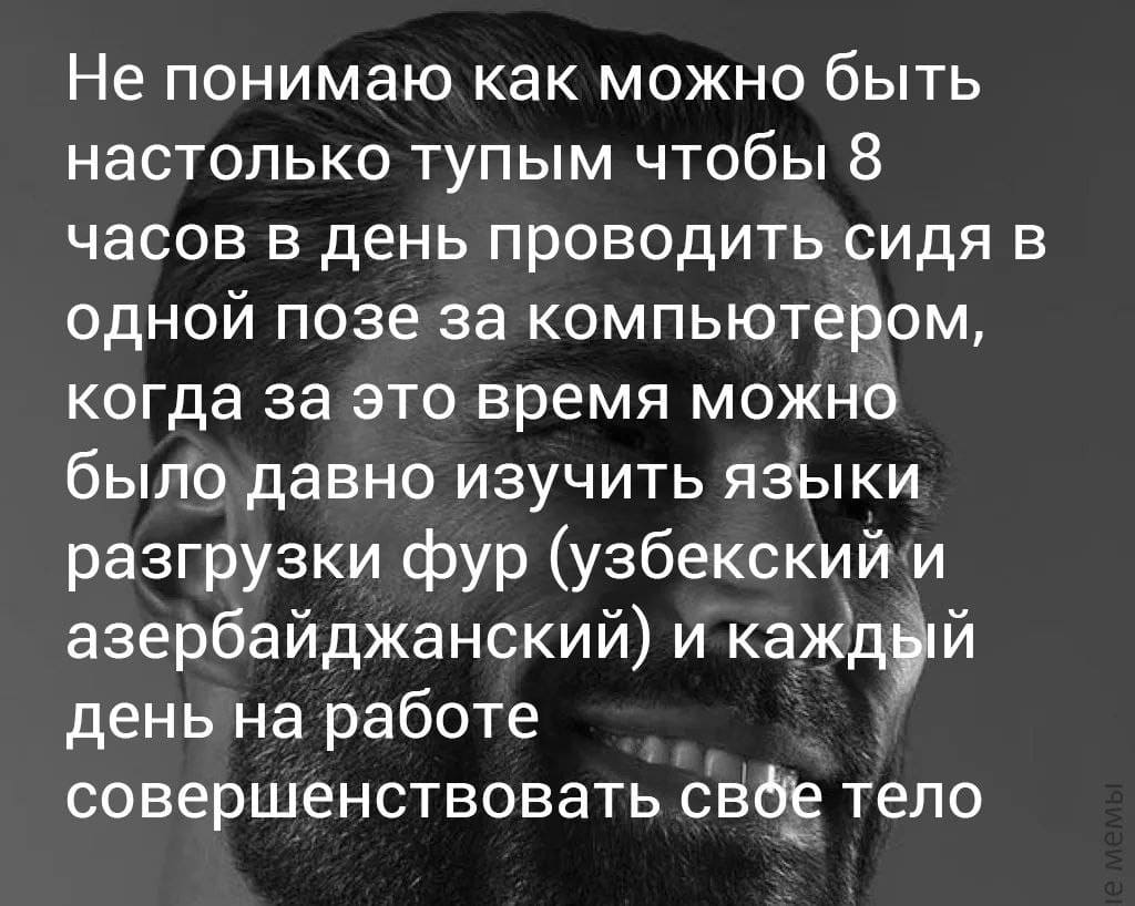Не понимаю как можно быть настолько тупым чтобы 8 часов в день проводить сидя в одной позе за компьютером, когда за это время можно было давно изучить языки разгрузки фур (узбекский и азербайджанский) и каждый день на работе совершенствовать своё тело...