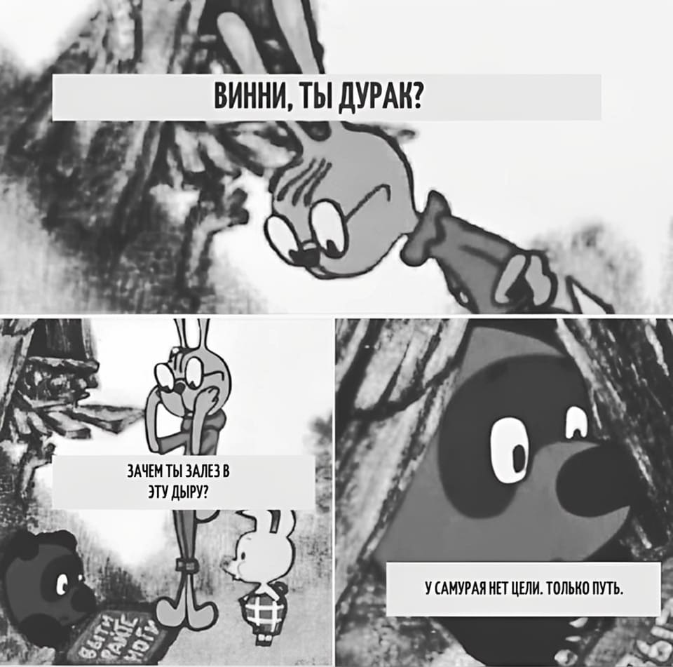 Кролик:
— Винни, ты дурак? Зачем ты полез в эту дыру?
Винни-Пух:
— У самурая нет цели. Только путь.
