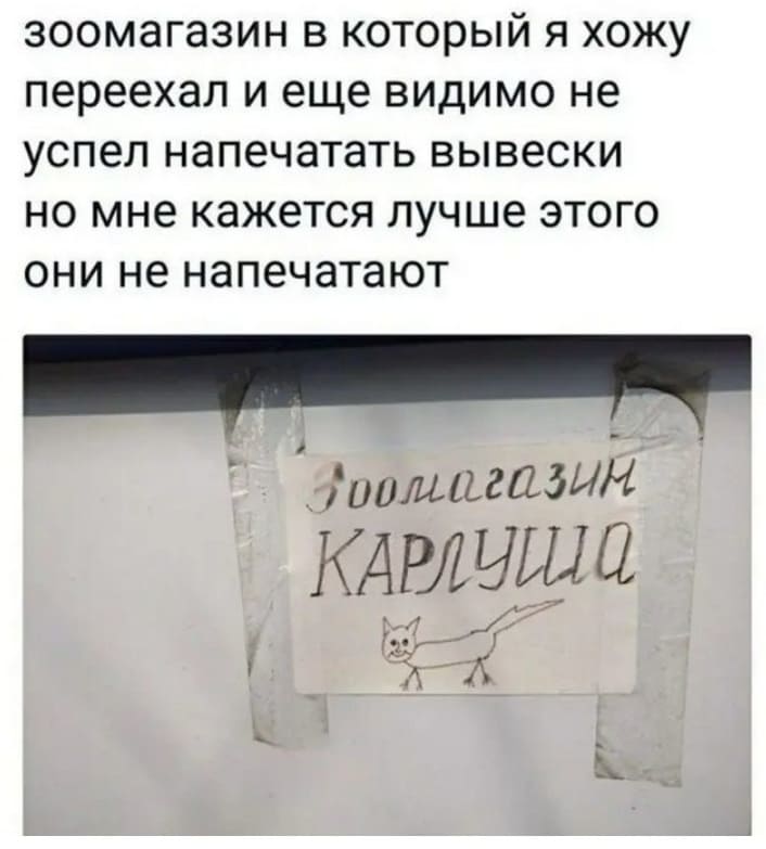 зоомагазин в который я хожу переехал и еще видимо не успел напечатать вывески но мне кажется лучше этого они не напечатают.
*Зоомагазин Карлуша*