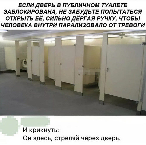 *Если дверь в публичном туалете заблокирована, не забудьте попытаться открыть её, сильно дёргая ручку, чтобы человека внутри парализовало от тревоги*
– И крикнуть: Он здесь, стреляй через дверь.