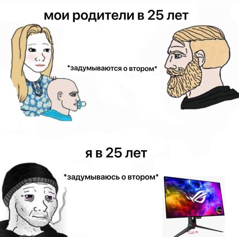 Мои родители в 25 лет: *Задумываются о втором ребёнке*
Я в 25 лет: *Задумаюсь о втором мониторе*