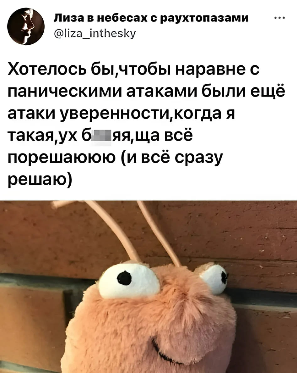 Хотелось бы, чтобы наравне с паническими атаками были ещё атаки уверенности, когда я такая, ух бл*яя, ща всё порешаююю (и всё сразу решаю).