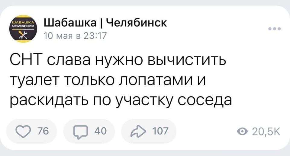 Шабашка | Челябинск.
10 мая.
Объявление: СНТ слава нужно вычистить туалет только лопатами и раскидать по участку соседа.