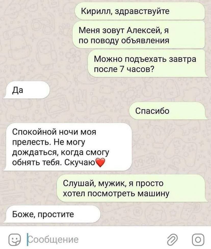 – Кирилл, здравствуйте. Меня зовут Алексей, я по поводу объявления. Можно подъехать завтра после 7 часов?
– Да.
– Спасибо.
– Спокойной ночи моя прелесть. Не могу дождаться, когда смогу обнять тебя. Скучаю.
– Слушай, мужик, я просто хотел посмотреть машину.
– Боже, простите.