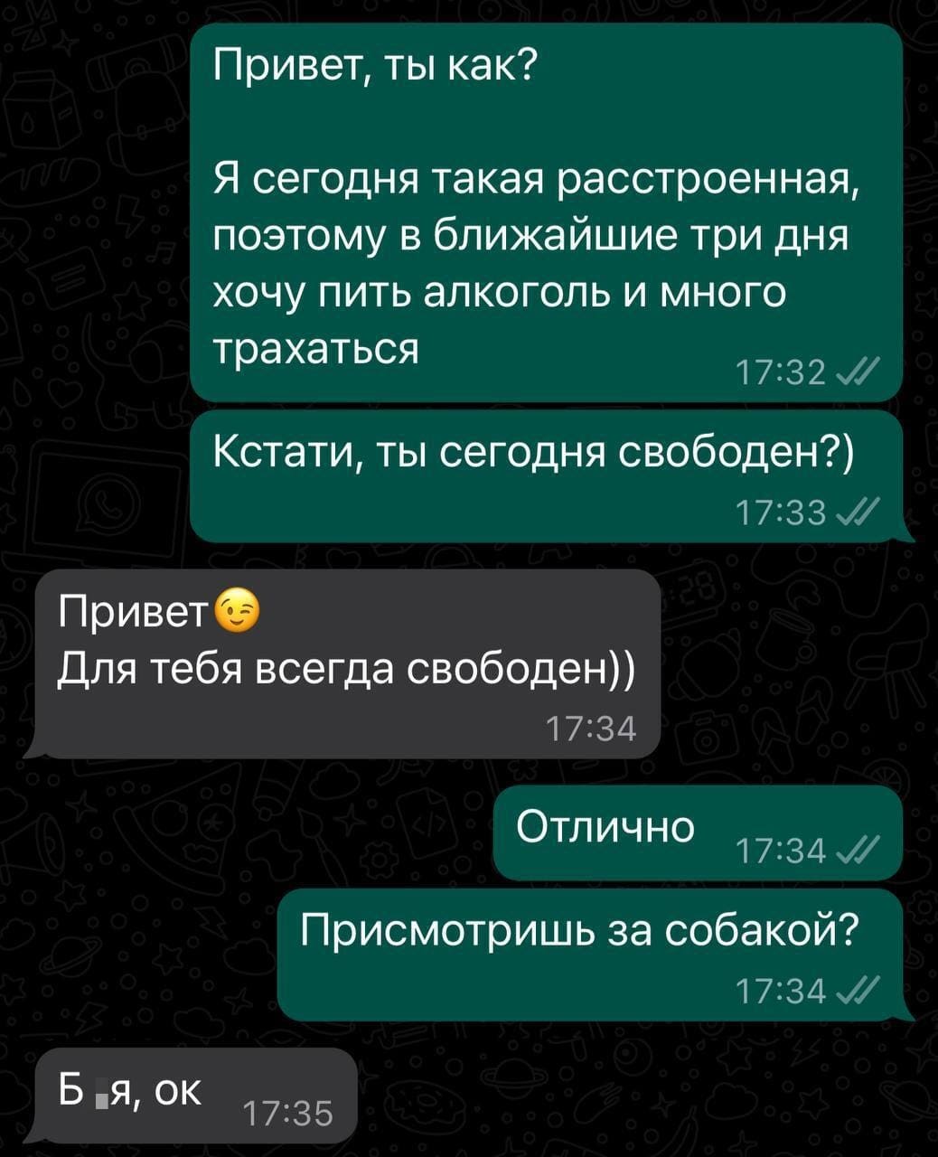 – Привет, ты как? Я сегодня такая расстроенная, поэтому в ближайшие три дня хочу пить алкоголь и много тpaxаться... Кстати, ты сегодня свободен?)
– Привет! Для тебя всегда свободен))
– Отлично. Присмотришь за собакой?
– Бл*, ок.