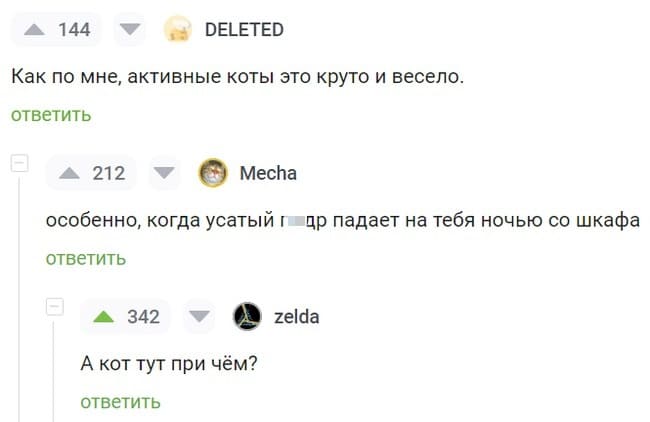 – Как по мне, активные коты это круто и весело.
– Особенно, когда усатый п*др падает на тебя ночью со шкафа.
– А кот тут при чём?