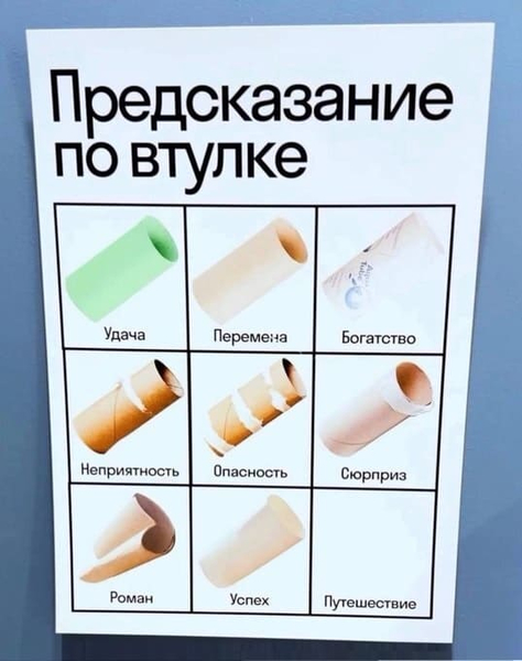 Предсказание по втулке:
*Удача, Перемена, Богатство, Неприятность, Опасность, Сюрприз, Роман, Успех, Путешествие*