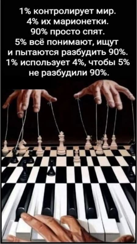 1% контролирует мир.
4% их марионетки.
90% просто спят.
5% всё понимают, ищут и пытаются разбудить 90%. 1% использует 4%, чтобы 5% не разбудили 90%.