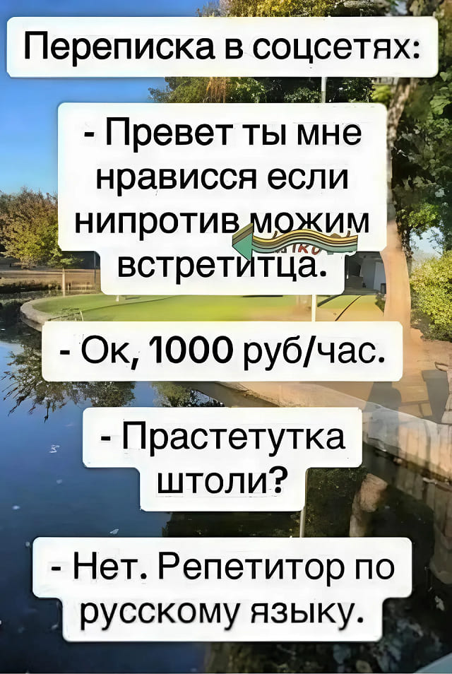 Переписка в соцсетях:
– Превет ты мне нрависся если нипротив можим встретЙтца.
– Ок, 1000 руб/час.
– Прастетутка штоли?
– Нет. Репетитор по русскому языку.