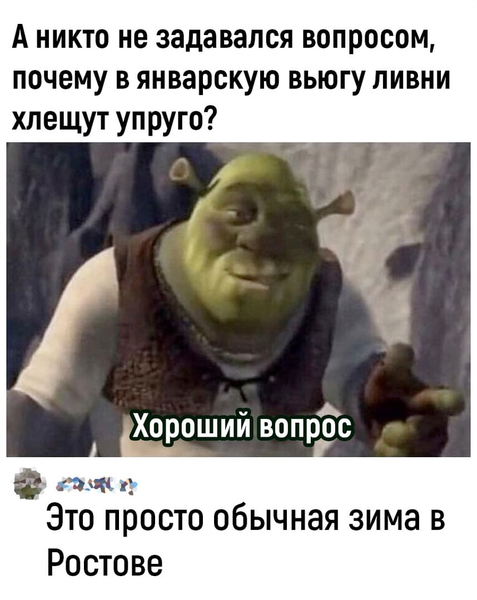 – А никто не задавался вопросом, почему в январскую вьюгу ливни хлещут упруго?
– Это просто обычная зима в Ростове.