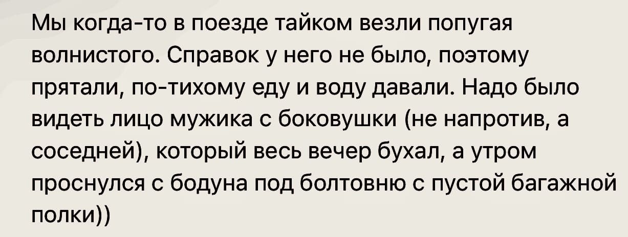 Мы когда-то в поезде тайком везли попугая волнистого. Справок у него не было, поэтому прятали, по-тихому еду и воду давали. Надо было видеть лицо мужика с боковушки (не напротив, а соседней), который весь вечер бухал, а утром проснулся с бодуна под болтовню с пустой багажной полки))